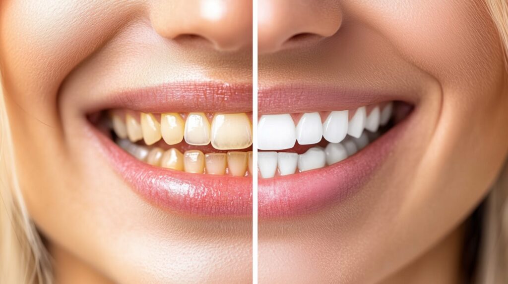 Woman smiling showing teeth whitening