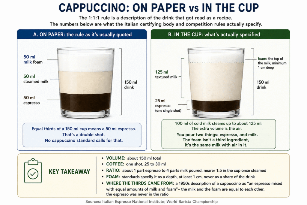 Two-panel comparison of a cappuccino. On paper, a 150 ml drink split into equal thirds: 50 ml espresso, 50 ml steamed milk, 50 ml foam. In the cup, the same 150 ml made of just two things: 25 ml espresso and 125 ml textured milk, with a foam layer at least 1 cm deep on top.