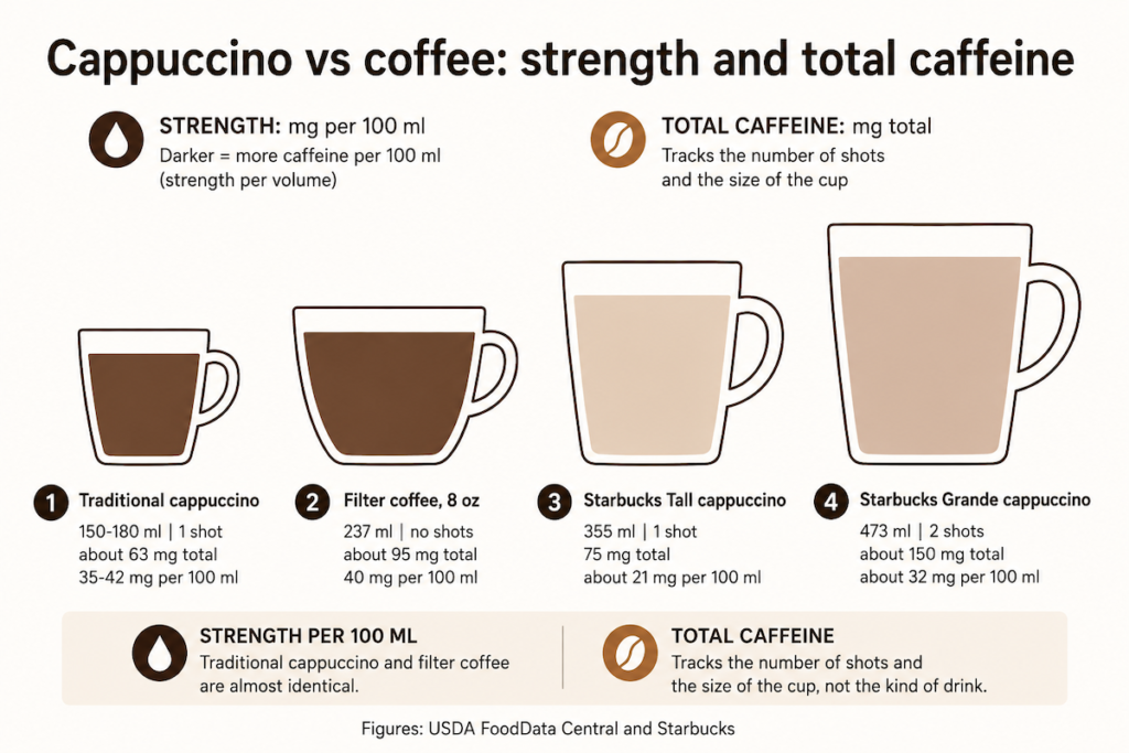 Diagram comparing caffeine in four drinks. A traditional cappuccino at 150-180 ml and one shot carries about 63 mg in total and 35 to 42 mg per 100 ml, and an 8 oz filter coffee at 237 ml carries about 95 mg in total and 40 mg per 100 ml, so the two are almost identical in strength per 100 ml. A Starbucks Tall cappuccino at 355 ml and one shot works out at about 21 mg per 100 ml, and a Grande at 473 ml and two shots at about 32 mg per 100 ml, both more dilute.