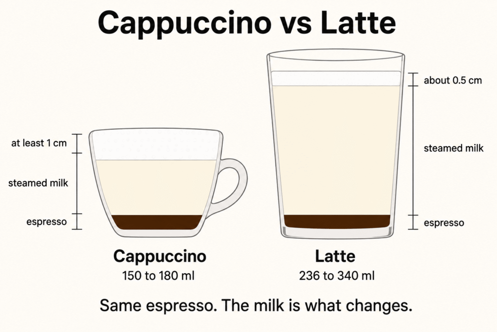Side-by-side cross-section of a cappuccino and a latte drawn to the same scale. Both have an identical band of espresso at the bottom. The cappuccino is a small 150 to 180 ml cup with a thick foam cap of at least 1 cm. The latte is a much larger 236 to 340 ml glass with far more steamed milk and only about 0.5 cm of foam.