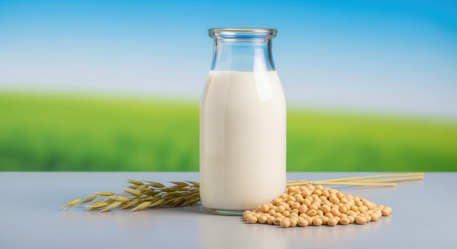 A glass bottle of plant milk on a table between a sprig of oats and a pile of soybeans, with a green field and blue sky behind.